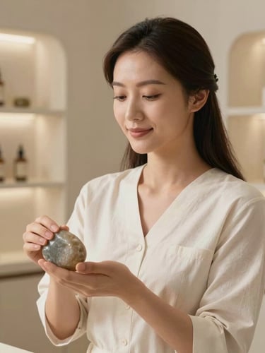 Elegant portrait of a serene wellness practitioner holding a polished stone, warm diffused daylight, modern luxury apothecary background.