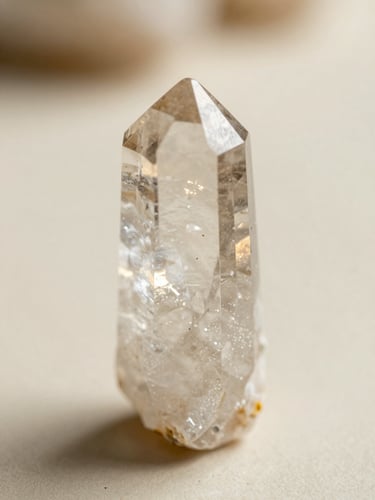 Macro photograph of a raw clear quartz crystal specimen reflecting warm gallery spotlighting, shallow depth of field, neutral cream background.