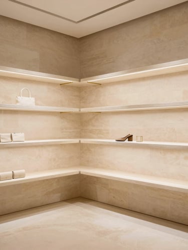 Architectural wide shot of a serene, high-end retail interior with warm stone walls, cream shelving, and subtle brass accents under soft diffused daylight.