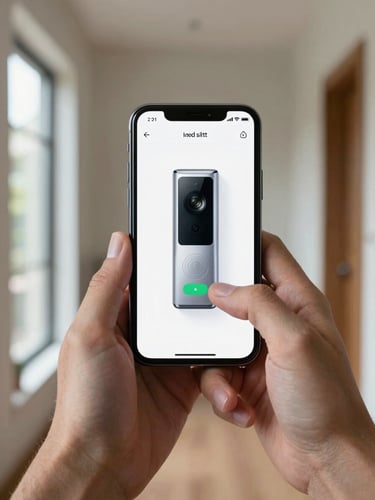 Hands holding a smartphone showing a smart doorbell app mid-setup screen, device pairing step visible on screen, natural window light from the left, close-up framing, real home hallway softly visible behind