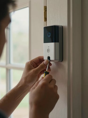 Extreme close-up of a person's hands mounting a smart doorbell bracket onto a painted wood door frame in a real home entryway, screwdriver in hand, device visible mid-installation; soft north-facing window light from the left, natural ambient overhead fill; no studio strobes, no shadows