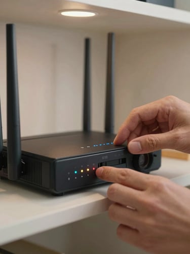 Close-up of hands adjusting the back of a home WiFi router on a shelf, indicator lights visible, soft ambient overhead light, residential interior background slightly out of focus