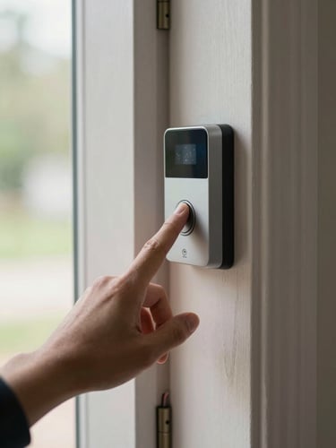 Close-up of hands pressing a smart doorbell unit onto a door-mount bracket, residential front doorway, natural side light from a window, wiring visible at the base, real home environment