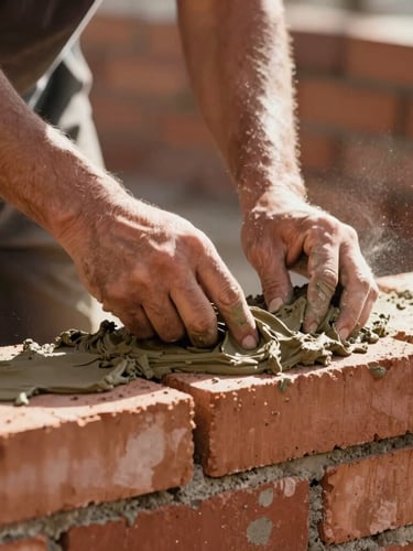 Close-up of a contractor's hands smoothing wet mortar on clean red brickwork, warm natural sunlight, dust particles visible in the air.