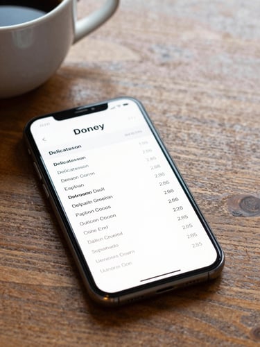 A smartphone lying on a wooden table next to a cup of diner coffee, displaying a clean, highly legible mobile menu of a local delicatessen, natural morning light.