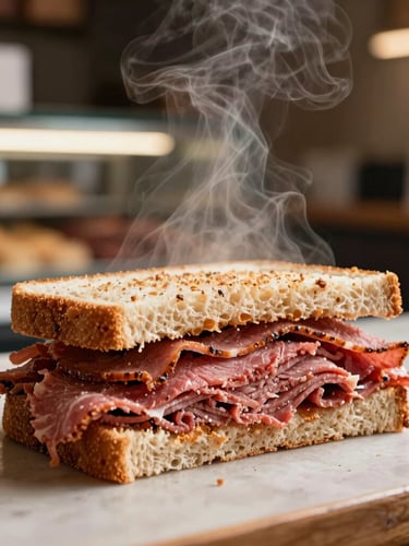 Close-up shot of a freshly sliced hot pastrami sandwich on rye, steam rising, warm counter light, deli counter background, shallow depth of field.