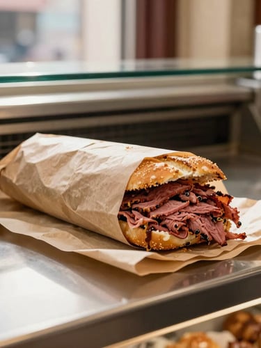Warm ambient shot of a classic deli counter with a freshly sliced pastrami sandwich being wrapped in butcher paper, natural morning light