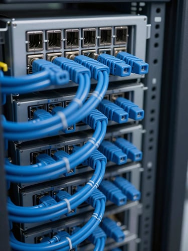 A macro, high-contrast photograph of organized blue network cabling connected to clean server racks in a cool-toned data center.