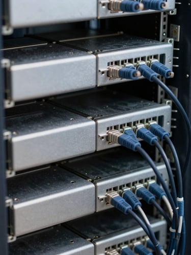 Macro shot of structured server rack cabling, clean clinical lighting, sharp focus on physical hardware connections.
