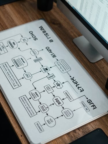 Overhead desk layout of structured whiteboard schematics and complex data flows on a monitor, high-contrast cool daylight.