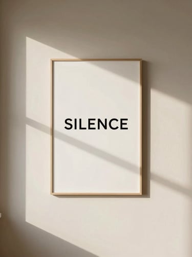A minimalist typographic canvas print reading 'SILENCE' hung on a warm off-white wall, soft natural window light, long afternoon shadows, 35mm