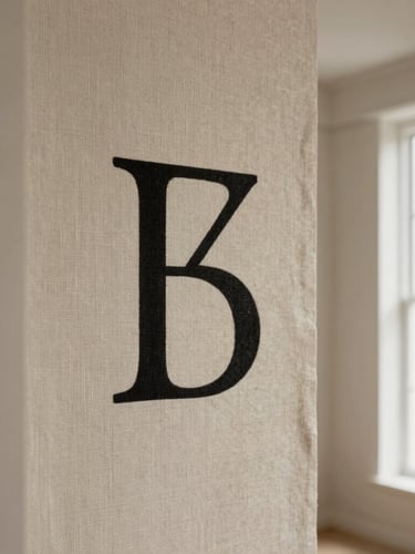A close-up of textured linen canvas with black ink lettering, soft side-lighting, warm neutral tones, architectural framing, 35mm