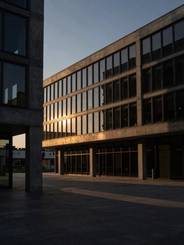 Wide cinematic shot of contemporary concrete and glass architecture at golden hour, deep black tones, warm dramatic lighting, long shadows, premium editorial photography