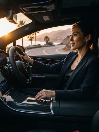 Cinematic environmental shot of a modern entrepreneur inside a sleek electric vehicle during golden hour, long shadows, warm light, high contrast, 35mm lens