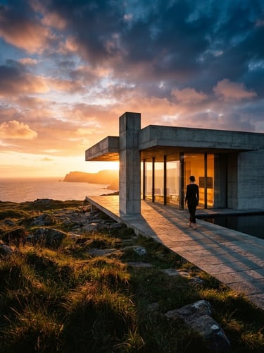 Cinematic wide shot of a minimalist concrete architectural pavilion at sunset, long shadows, warm golden light, high contrast, 35mm anamorphic lens