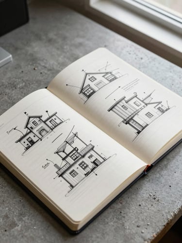 Close overhead shot of an open engineering notebook on a concrete desk, dense architecture diagrams in black ink, a few lines crossed out and rewritten, flat north-facing window light casting no shadows