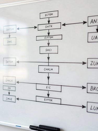 Close-up overhead of a whiteboard covered in system architecture diagrams and data-flow annotations, dry-erase markers resting at the bottom edge, flat north-facing daylight, no shadows, high contrast lines on white surface