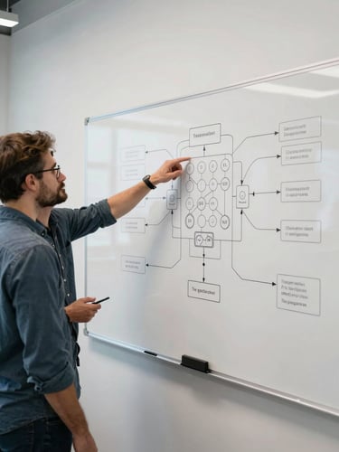 Wide shot of two engineers at a whiteboard covered in data-flow diagrams, one pointing at a node cluster, flat architectural studio light, genuine work moment, no eye contact with camera