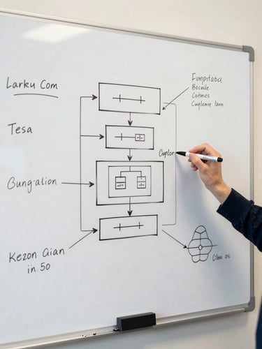 Close overhead view of a large whiteboard covered in system architecture diagrams and handwritten annotations, marker in hand mid-sketch, flat north-facing daylight, no shadows, crisp documentary framing