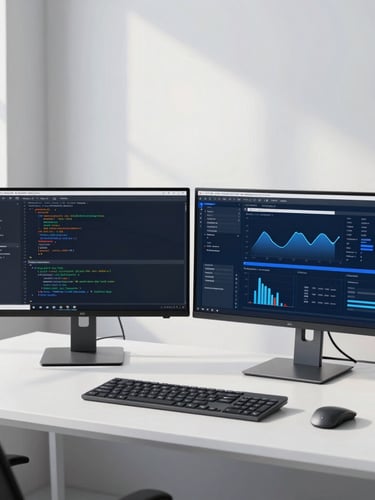 Minimalist tech workspace with dual monitors showing code and analytics, bright natural daylight with cool blue accents, sharp focus, 35mm