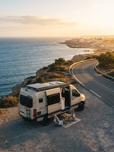 A spotless modern Mercedes van parked on a scenic coastal highway overlooking the blue Atlantic ocean near Essaouira, soft golden hour sunlight, warm editorial travel photography, 35mm.