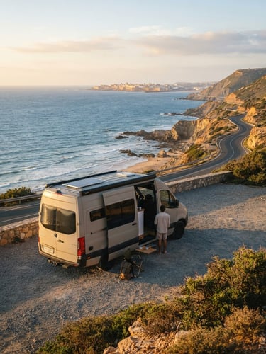 Spotless modern Mercedes van parked on a scenic coastal highway overlooking the Atlantic ocean near Essaouira, soft golden-hour light, warm editorial travel photography, 35mm