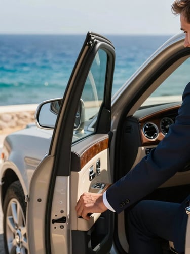 Close-up of a professional Moroccan driver in smart-casual attire opening a luxury car door, bright coastal daylight, deep ocean blue accents, shallow depth of field, warm editorial style.