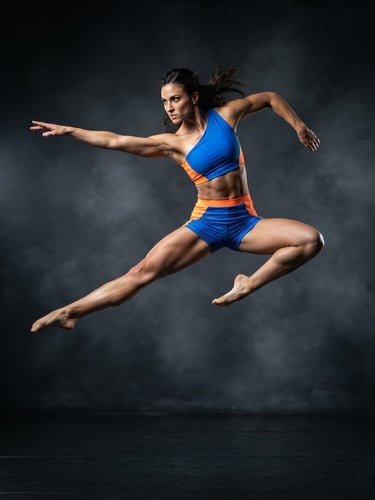 Dynamic action photography of a modern dancer captured in mid-leap, crisp studio lighting highlighting muscle definition, vibrant electric blue and bright orange accent tones, 85mm lens.