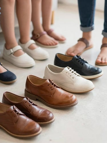 Zapatería Ocampo: a warm, natural daylight shot of a family's feet in various types of shoes (school, casual, adult) on a clean, light-colored floor, slightly blurred background, focus on the shoes and comfort, crisp commercial photography.