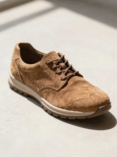 A comfortable, stylish walking shoe on a clean, light surface, bright natural daylight, shallow depth of field, warm earth tones, highlighting material texture, crisp commercial photography.