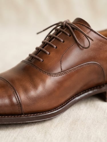 Close-up of a high-quality, elegant leather shoe, rich brown color, with subtle stitching details, bright natural daylight, on a clean background, shallow depth of field, crisp commercial photography.
