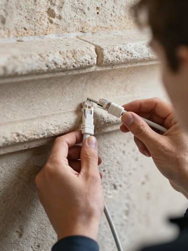 Over-the-shoulder macro shot of a technician precisely routing a white ethernet cable along a historic stone wall molding, natural daylight.