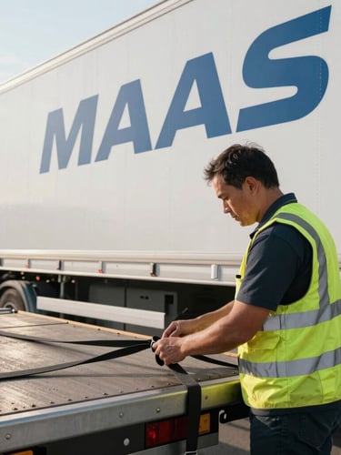 Close-up of a professional MAAS TRUCKING driver in high-visibility gear, meticulously checking cargo straps on a flatbed trailer, crisp morning daylight, high-contrast cool tones.