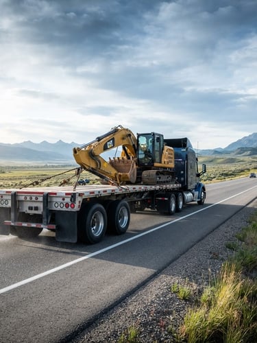 Low-angle heroic shot of a modern MAAS TRUCKING semi-truck with a flatbed trailer loaded with heavy machinery, crisp morning daylight, high-contrast cool tones, wide-angle lens, 35mm. The truck is positioned on a regional highway, moving away from the viewer, with expansive sky.