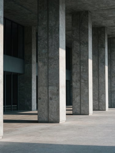 Wide architectural angle of concrete and steel pillars with stark, cool-toned daylight shadows, minimal modern design, negative space.