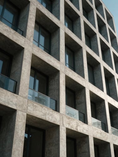 Wide architectural angle of a modern concrete and steel corporate building facade, sharp geometric shadows, cool-toned daylight.