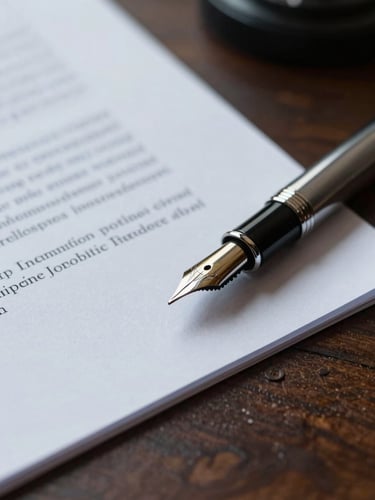 Macro close-up of physical legal documents and a fountain pen on a dark wood desk, cool daylight, shallow depth of field.