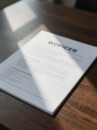 Close-up of physical corporate documents on a dark wood table, sharp geometric shadows from cool window light, clean and authoritative.