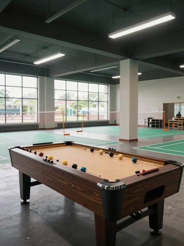 Wide-angle daylight interior of the Paradise Green clubhouse, carrom board and badminton court visible, natural light entering through high windows, no people staged, clean functional space, documentation-style framing