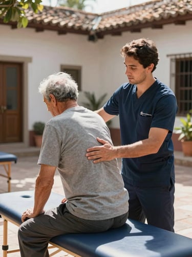 Fisioterapeuta asistiendo con firmeza y calidez a un adulto mayor durante una sesión de movilidad en un patio soleado de Mérida, luz natural brillante.
