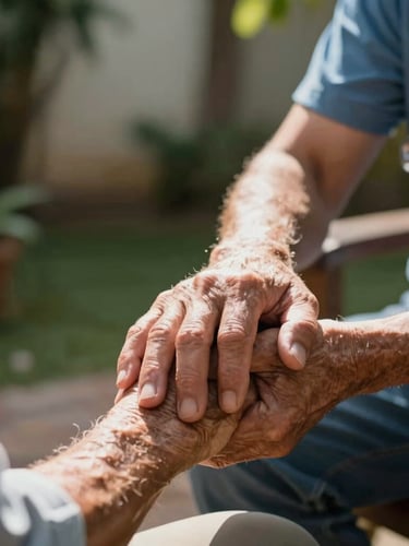 Plano medio de un terapeuta sosteniendo con firmeza y calidez la mano de un adulto mayor en un jardín iluminado por el sol de Mérida.
