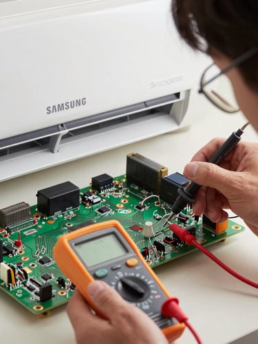 Macro shot of a high-tech Samsung air conditioner digital circuit board, a professional technician testing electrical connections with a digital multimeter probe under bright white utility light