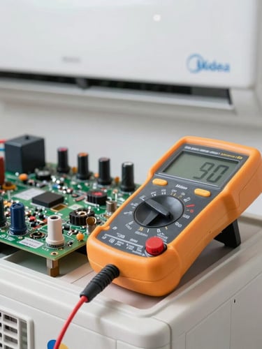 Macro shot of a professional digital multimeter testing the electrical circuit board of a modern Midea air conditioner, crisp white utility lighting, technical precision.