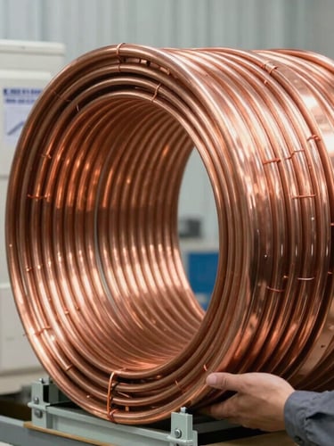 A pristine clean copper coil of an air conditioning unit being slid into place by a professional technician in a clean uniform, bright utility lighting.