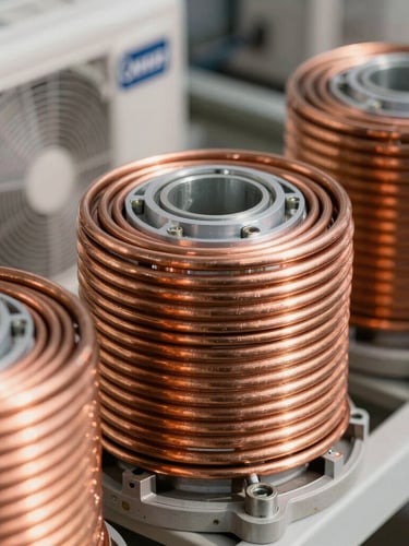 Macro close-up shot of clean copper coils of a Carrier air conditioning unit, bright daylight, technical focus on mechanical precision.