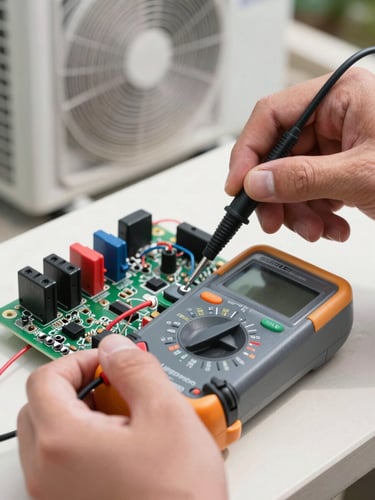 Macro close-up of a technician's hand using a digital multimeter to test electrical currents on a Unionaire AC outdoor unit circuit board, bright technical daylight, high visibility.