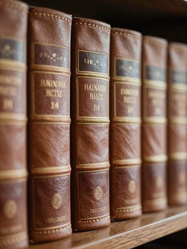 Macro close-up of leather-bound legal volumes on a dark wooden shelf, warm natural light, soft shadows