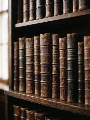 Macro close-up of leather-bound legal volumes on a dark wooden shelf, warm natural window light, soft shadows, shallow depth of field, 35mm