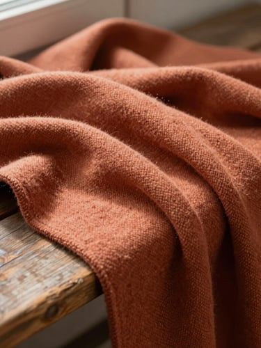 A rumpled terracotta wool blanket draped naturally over a worn wooden bench, soft morning light casting gentle shadows, close-up weave detail