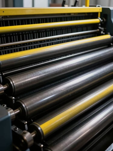 Industrial printing press floor with heavy offset machinery, metallic ink rollers in motion, dramatic high-contrast workshop lighting, 35mm photography